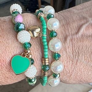 Chic Green and Gold Heart Charm Bracelet Trio which can be embellished